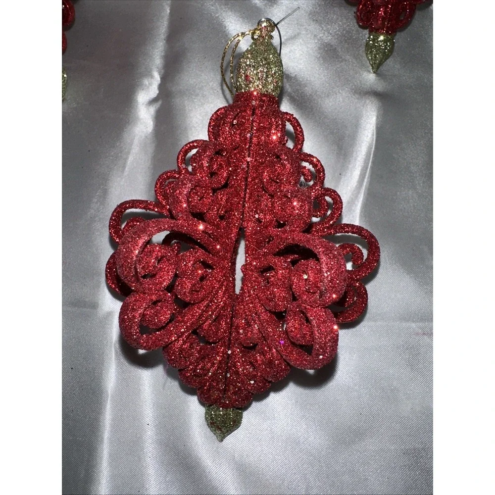 Red Glitter Scroll Christmas Ornaments Set of 3 Filigree Finial Holiday Decor
